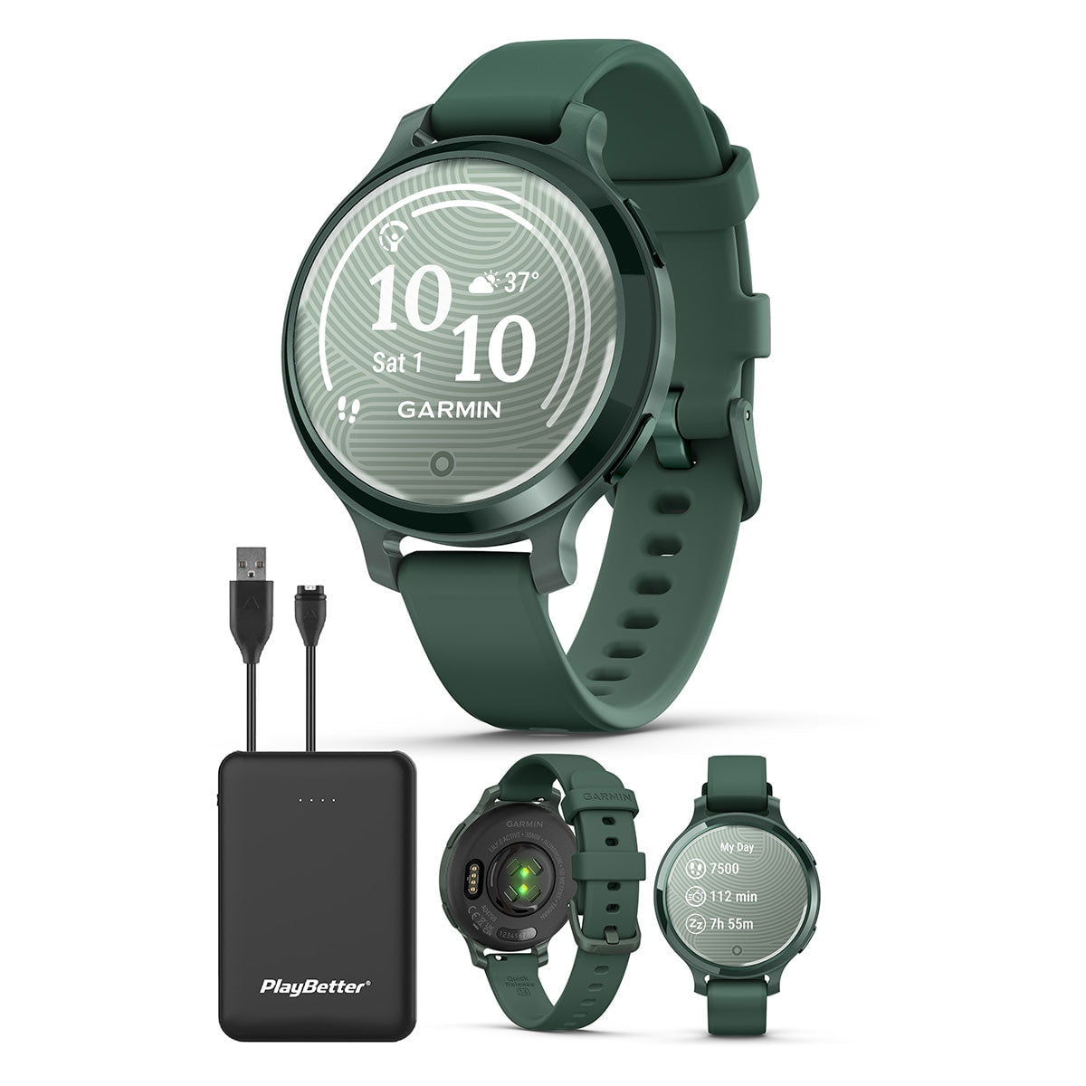 Garmin Lily 2 Active (Jasper Green) Women's Fitness Smartwatch Bundle - Bright Touchscreen Display, Built-in GPS, All-Day Health Monitoring, 9 Days Battery Portable Charger