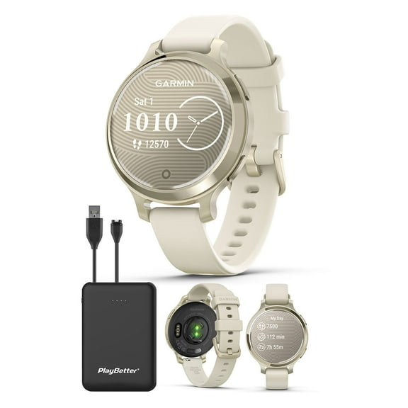 Garmin Lily 2 Active (Lunar Gold/Bone) Women's Fitness Smartwatch Bundle - Bright Touchscreen Display, Built-in GPS, All-Day Health Monitoring, 9 Days Battery Portable Charger