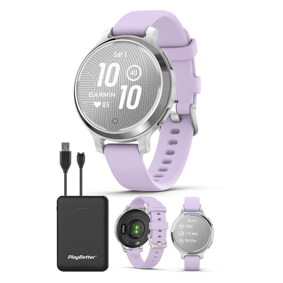 Garmin Lily 2 Active (Silver/Purple Jasmine) Women's Fitness Smartwatch Bundle - Bright Touchscreen Display, Built-in GPS, All-Day Health Monitoring, 9 Days Battery Portable Charger