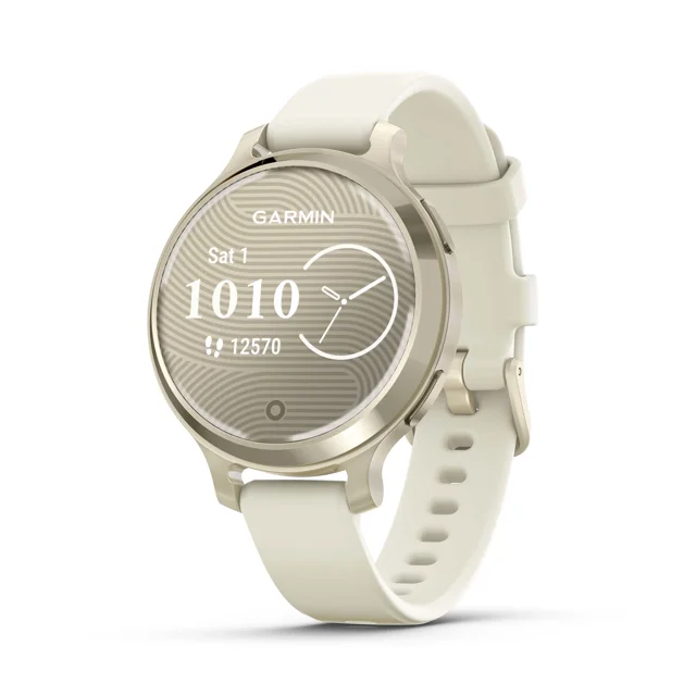 Garmin Lily 2® Active, Small and Stylish Smartwatch, Built-In GPS, Hidden Display, Patterned Lens, Up To 9 Days Battery Life, Lunar Gold with Bone Silicone Band