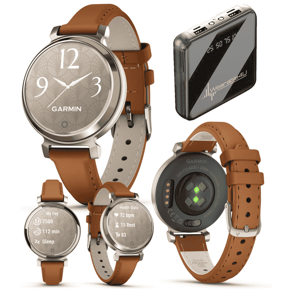 Garmin Lily 2 Classic - Cream Gold with Tan Leather Band: Women Stylish Smartwatch w/ contactless payments | Up to 5 days Battery Life, Health & Fitness tracker. 010-02839-02 + Wearable4U Gift Bundle