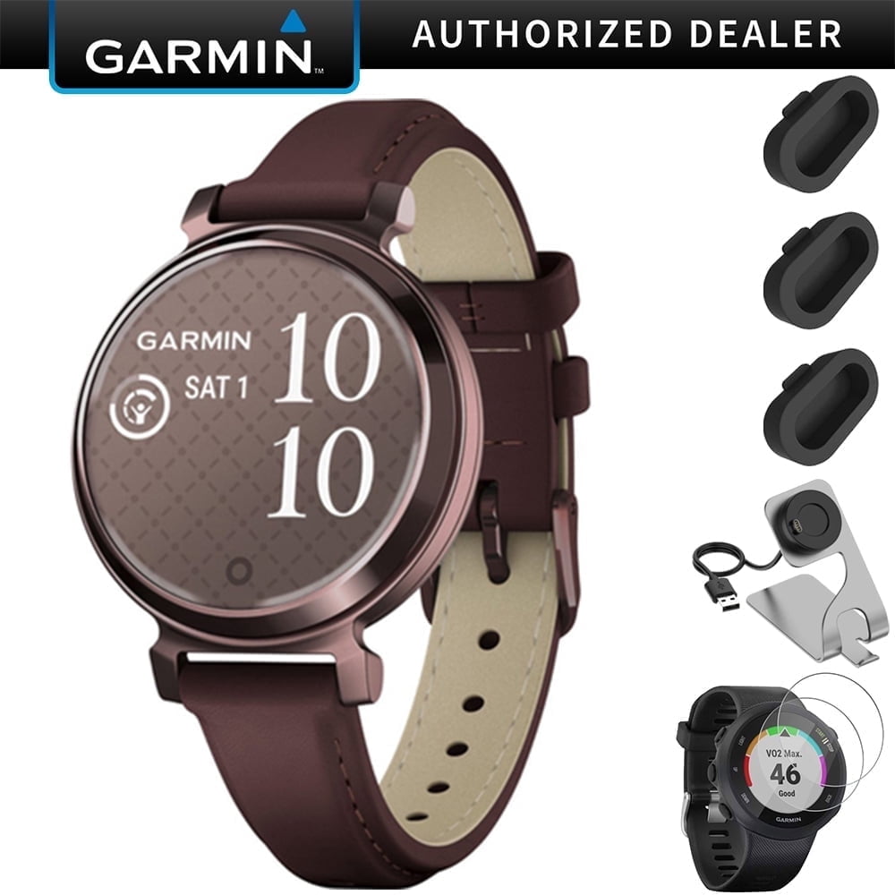 Garmin Lily 2 Classic Dark Bronze with Mulberry Leather Band Smartwatch Bundle with Charging Dock for Venu 3 + Silicone Dust Cover (3-Pack) + Tempered Glass Screen Protector (2-Pack)