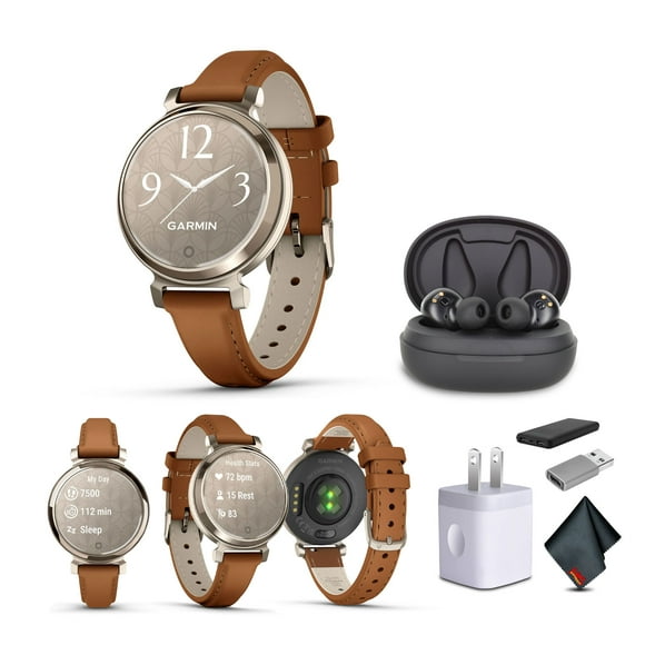 Garmin Lily 2 Classic Smartwatch Stylish Cream Gold with Tan (010-02839-02) Fitness Smart Watch Earbud Bundle