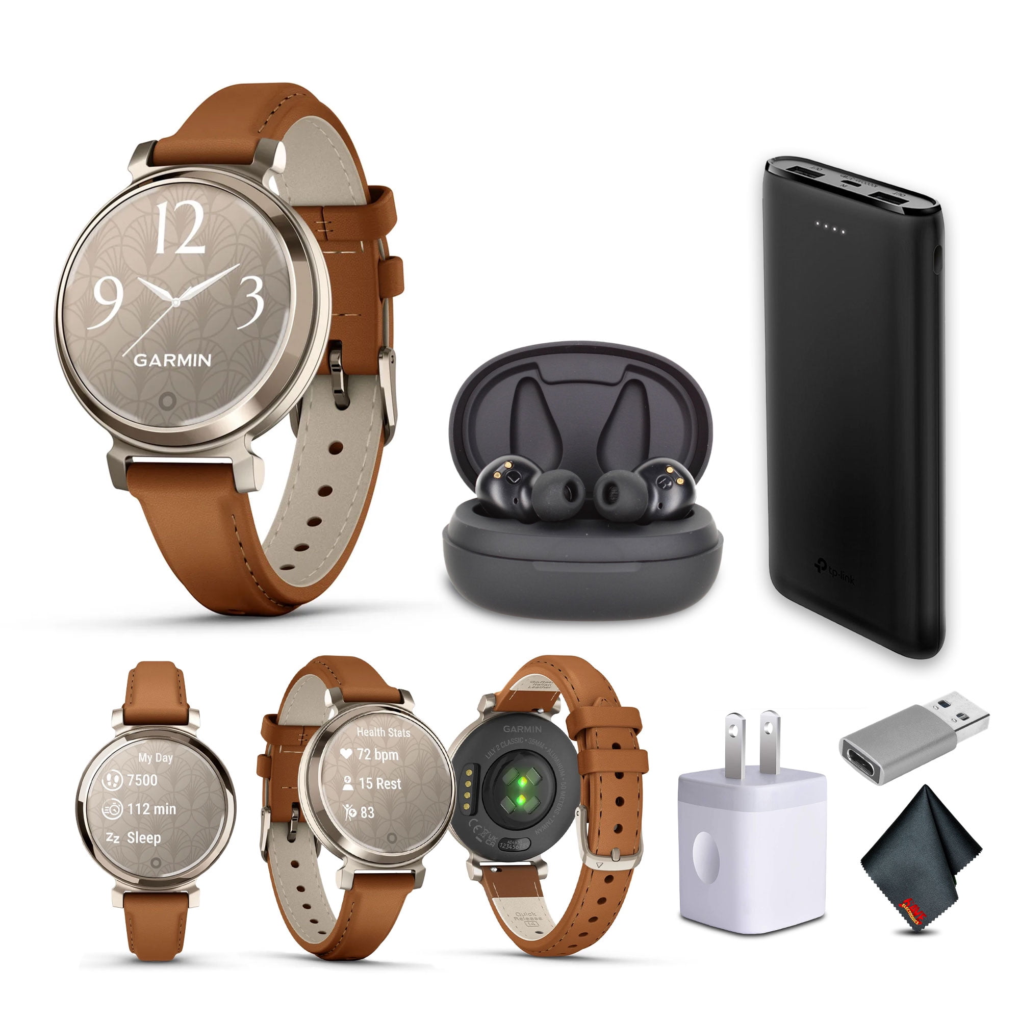 Garmin Lily 2 Classic Smartwatch Stylish Cream Gold with Tan (010-02839-02) Fitness Smart Watch Earbud Bundle