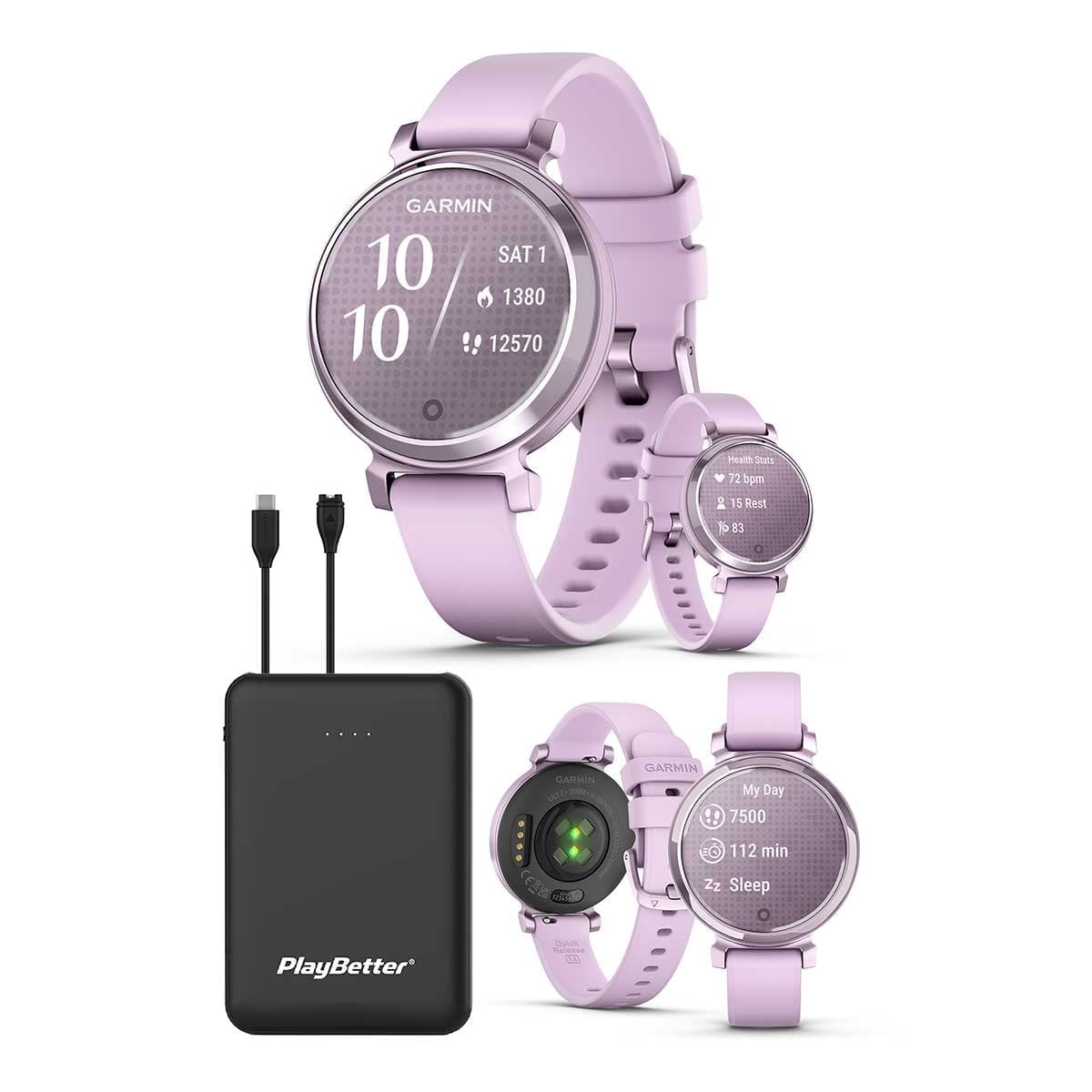 Garmin Lily 2 (Metallic Lilac/Lilac Silicone) Women's Fitness Smartwatch Bundle with PlayBetter Portable Charger
