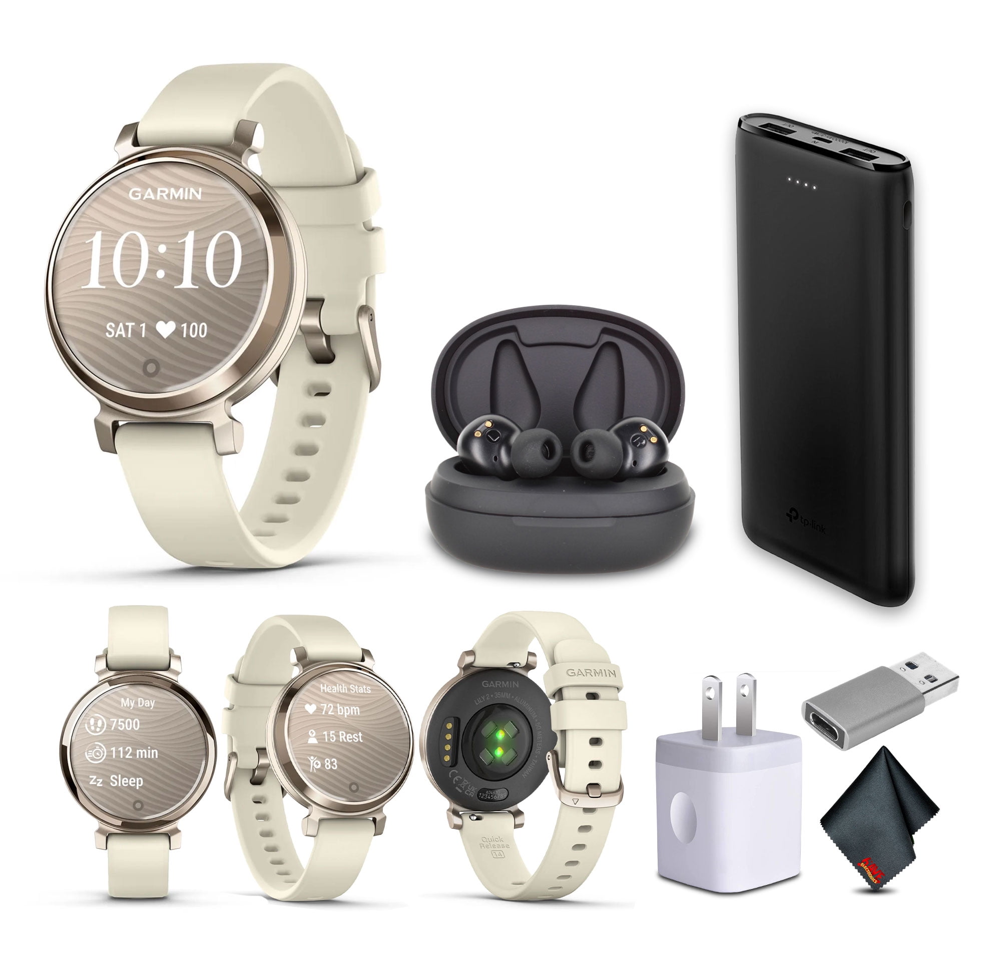 Garmin Lily 2 Small and Stylish Smartwatch Cream Gold with Coconut New (010-02839-00) Earbud Bundle