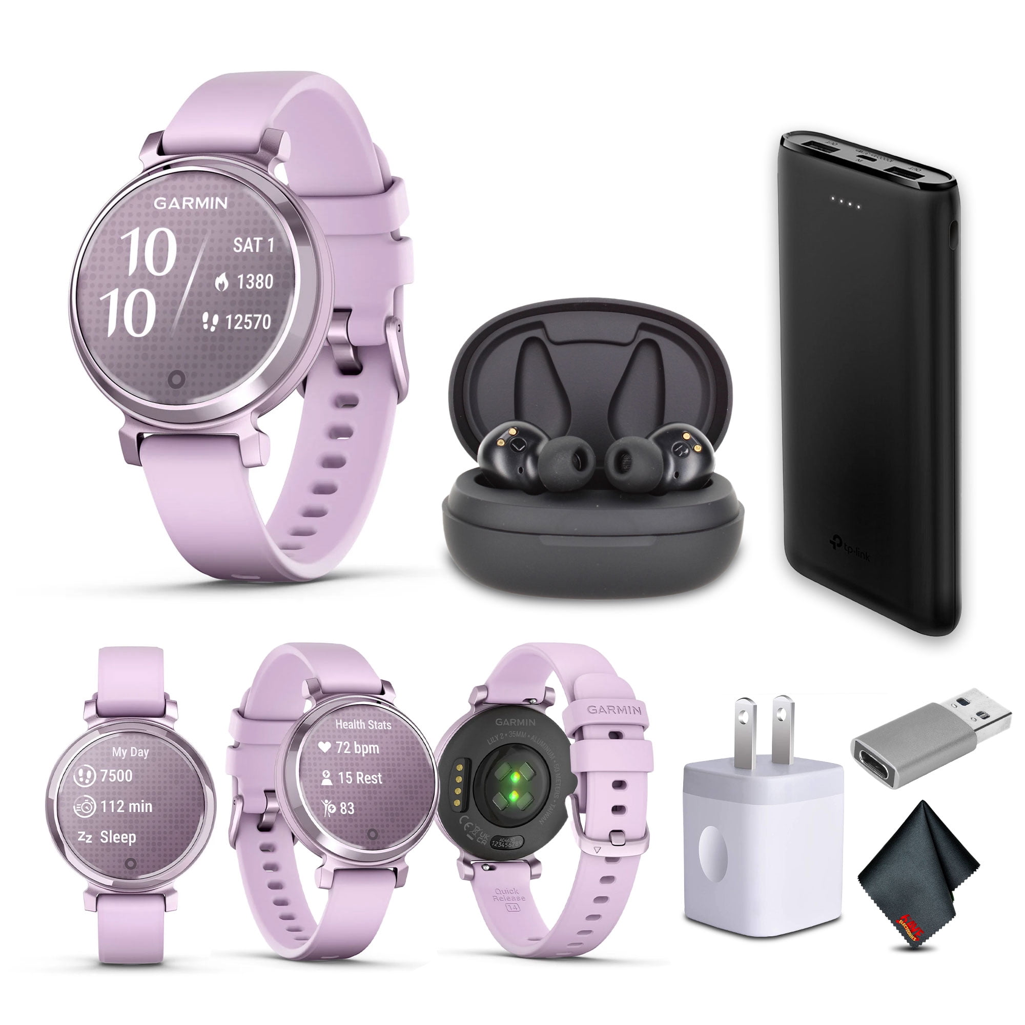 Garmin Lily 2 Small and Stylish Smartwatch Metallic Lilac New (010-02839-01) Earbud Bundle