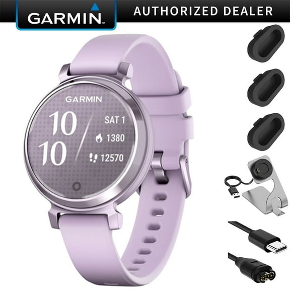 Garmin Lily 2 Smartwatch Metallic Lilac with Lilac Silicone Band Bundle with Charging Dock for Venu 3 + Silicone Dust Cover (3-Pack) + USB Type C Charging and Sync Cable