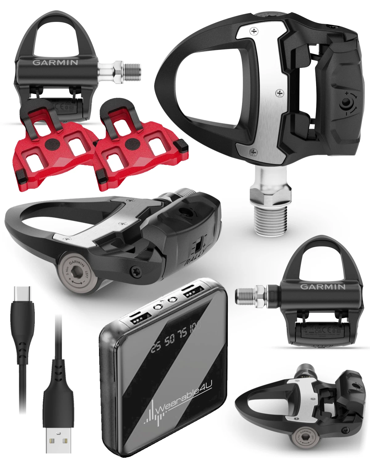 Garmin Rally RS110 Single-Sensing Road Power Meter Pedals – SPD-SL, Upgradeable, Rechargeable 90h w/ Wearable4U Power Bank Bundle