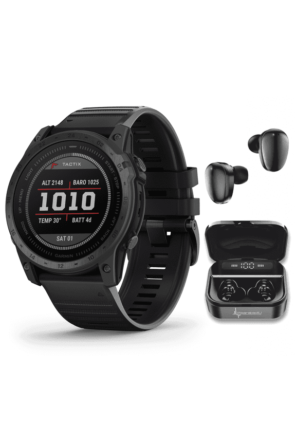 Garmin Tactix 7 Standard Edition, Premium Tactical GPS Watch, 1.4 in. with Silicone Band with Wearable4U Black EarBuds Bundle