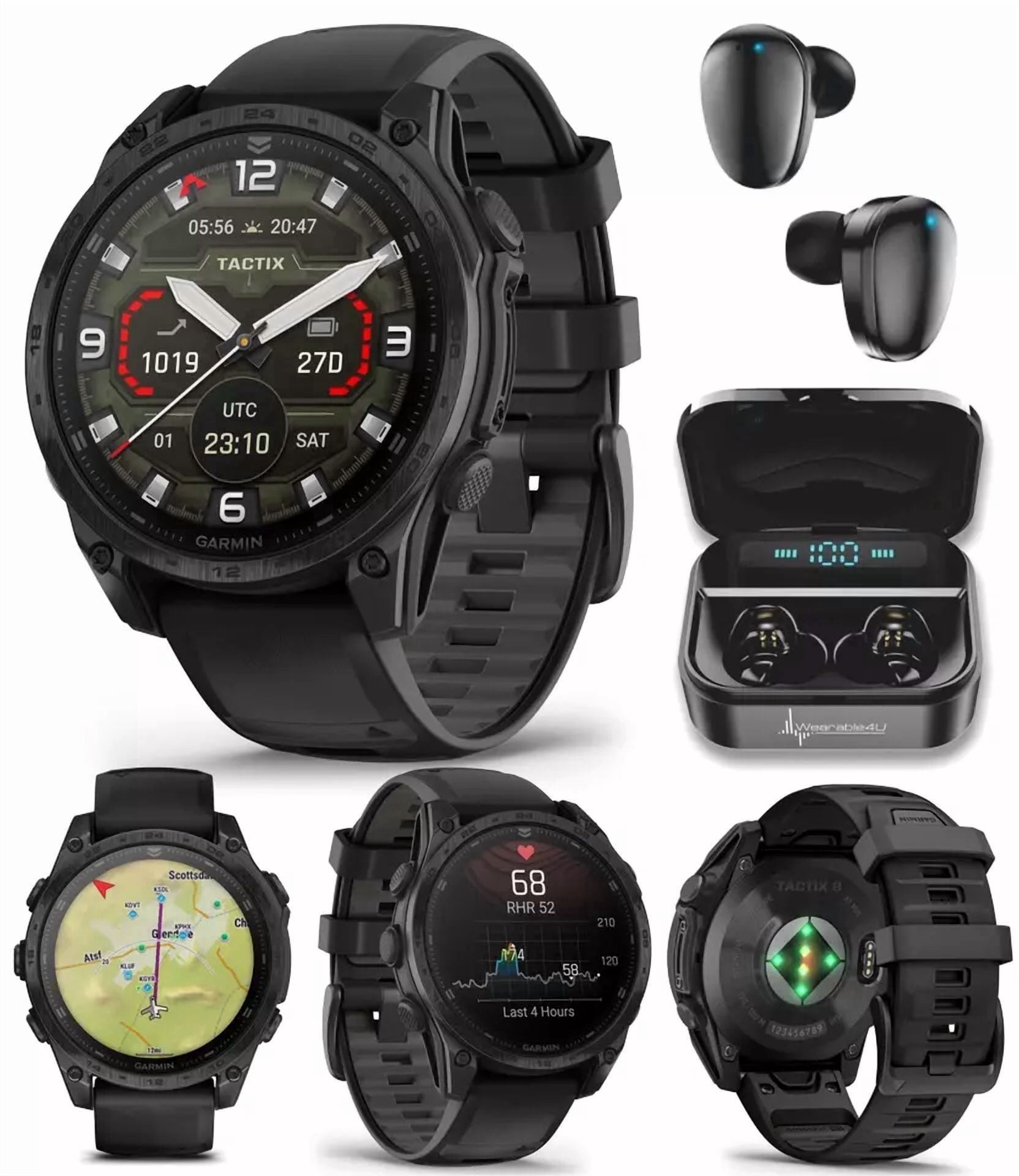 Garmin Tactix 8 - 47mm AMOLED Display, Premium Tactical GPS Smartwatch, Includes Applied Ballistics Ultralight Solver, 40M Dive Rating with Wearable4U Black Earbuds Bundle