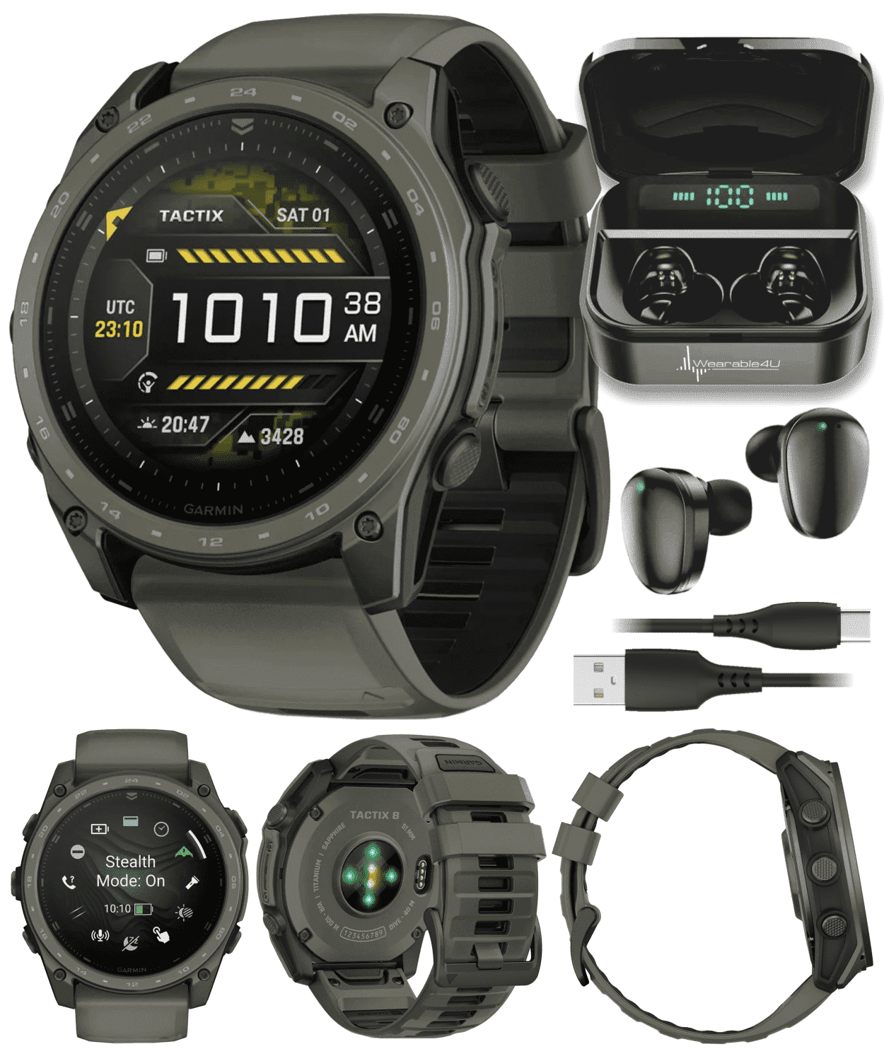 Garmin Tactix 8 51mm Cerakote, Premium Tactical GPS Smartwatch, AMOLED Display, Applied Ballistics Solver, Olive Drab Cerakote Coating with Wearable4U Black Earbuds Bundle