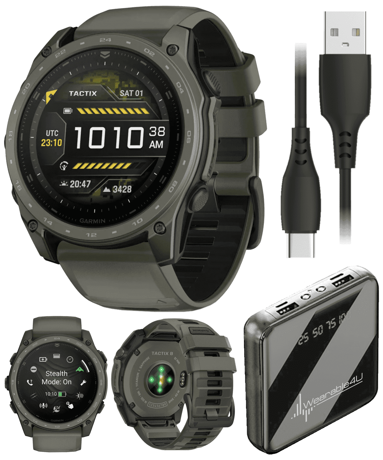 Garmin Tactix 8 51mm Cerakote, Premium Tactical GPS Smartwatch, AMOLED Display, Applied Ballistics Solver, Olive Drab Cerakote Coating with Wearable4U PowerBank Bundle