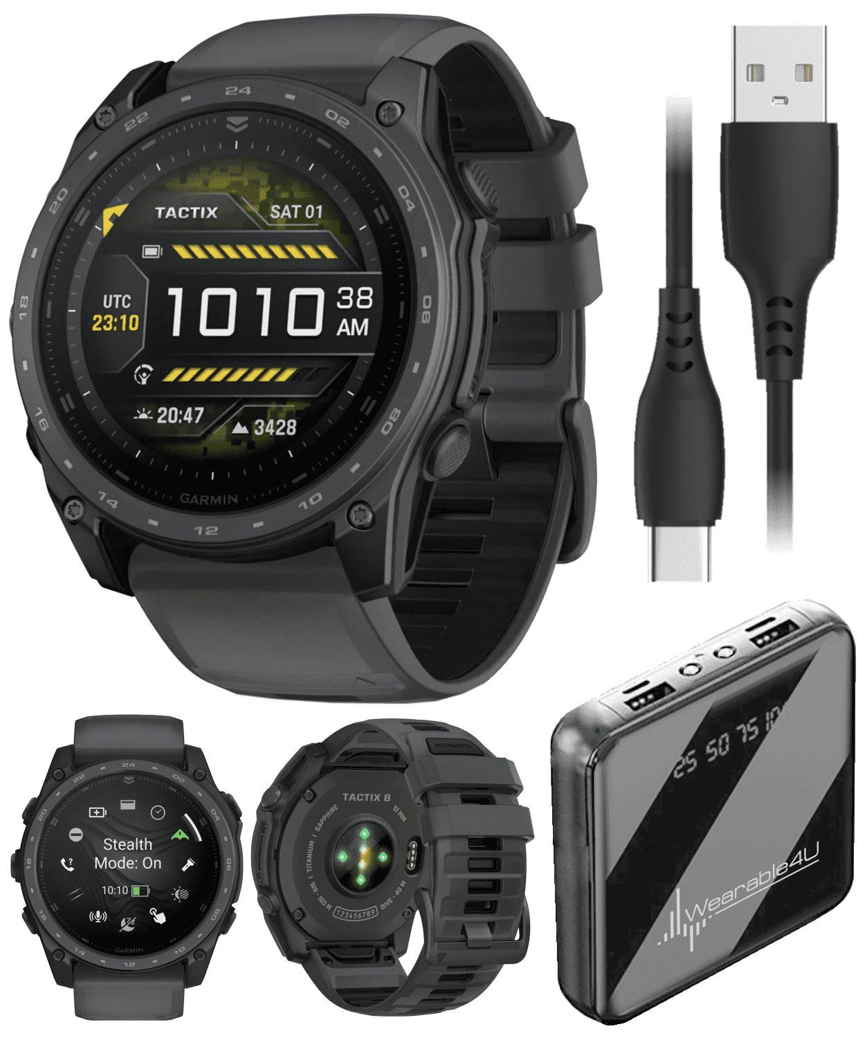 Garmin Tactix 8 51mm Cerakote, Premium Tactical GPS Smartwatch, AMOLED Display, Applied Ballistics Solver, Slate Gray Premium Cerakote Coating w/ Wearable4U PowerBank Bundle