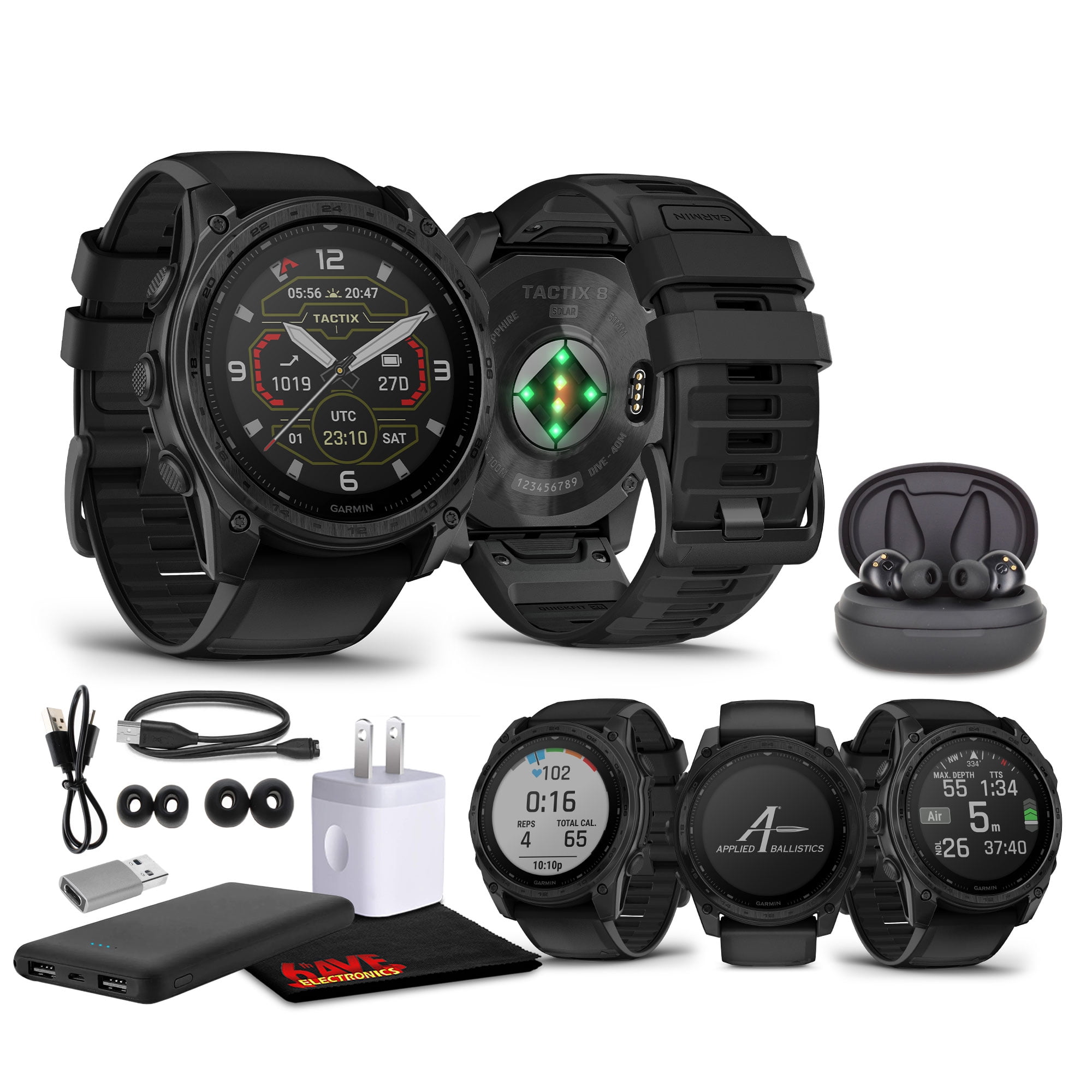 Garmin Tactix 8 51mm Solar Charged Display Smart Watch, Built-in Flashlight, 48 Days Battery Life, Premium Tactical GPS Smartwatch, Applied Ballistics Ultralight Solver Bundle + Earbuds and more