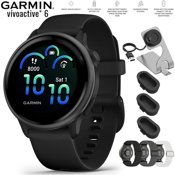 Garmin VIVOACTIVE 6 Health and Fitness GPS Smartwatch Black with Silicone Band 010-02985-00 Bundle with Deco Essentials Nylon Elastic Bands 20mm 3 Pack, Charging Dock and Silicone Dust Cover 3 Pack