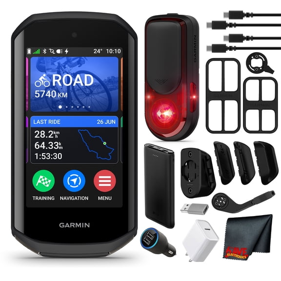 Garmin Varia RearVue 820 Bike Radar Tail Light Bundle with Mount Charging Cable and Safety Accessories for Rear-View Vehicle Detection and Daytime Visibility + Edge 1050 Premium Cycling Computer