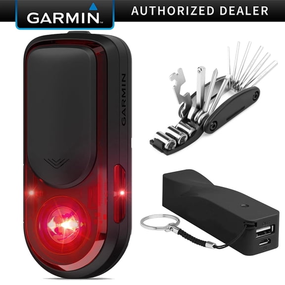 Garmin Varia RearVue 820 Radar Tail Light with Advanced Features 010-03180-00 + Deco Gear 16-in-1 Multi-Function Bike Repair Tool Kit + Deco Gear 2600mAh Portable Power Bank for Smartphones & Tablets