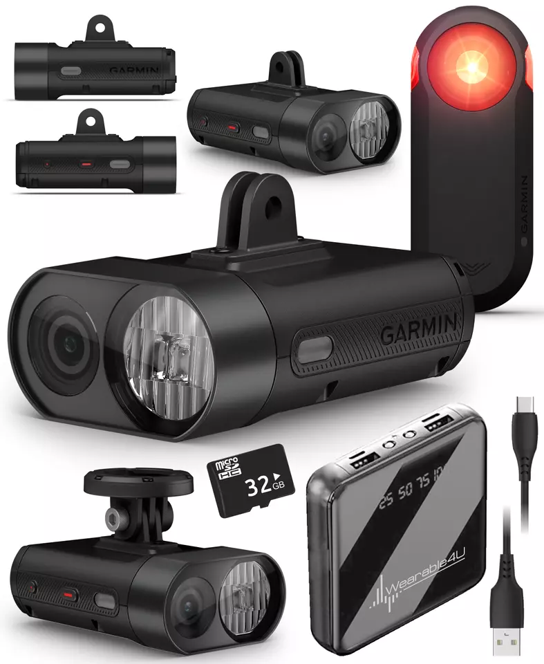 Garmin Varia Vue - Cycling Headlight & 4k Camera & Varia RTL515 Rearview Radar w/ 32 GB microSDHC & Wearable4U PowerBank Bundle