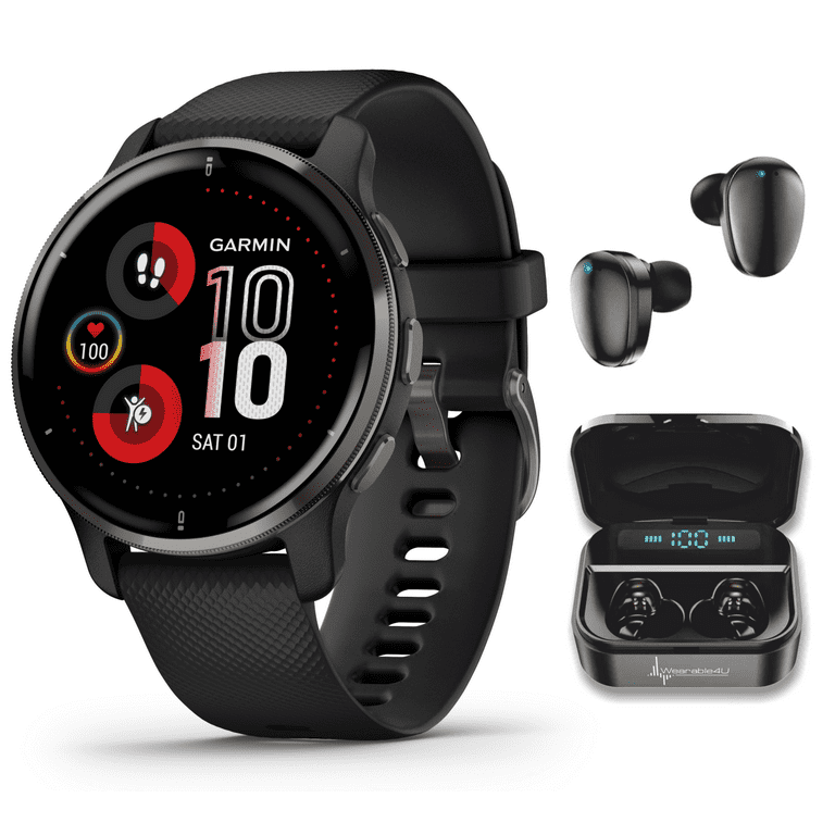 Garmin Venu 2 Plus GPS Multisport Smartwatch 1.7 in. with Call and Text Music Adv HM FF Slate Bezel with Black Case and Wearable4U Black EarBuds