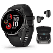 Garmin Venu 2 Plus GPS Multisport Smartwatch, 1.7 in. with Call and Text, Music, Adv HM+FF, Slate Bezel with Black Case and Wearable4U Black EarBuds Bundle