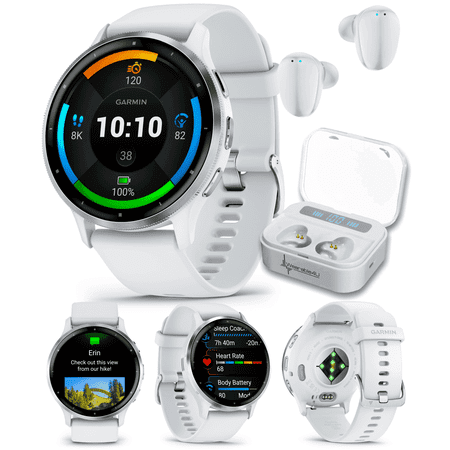 Garmin Venu 3 GPS Smartwatch AMOLED Display 45 mm Watch, Advanced Health and Fitness Features, Up to 14 Days of Battery, Wheelchair Mode, Sleep Coach, Whitestone with Wearable4U White EarBuds Bundle