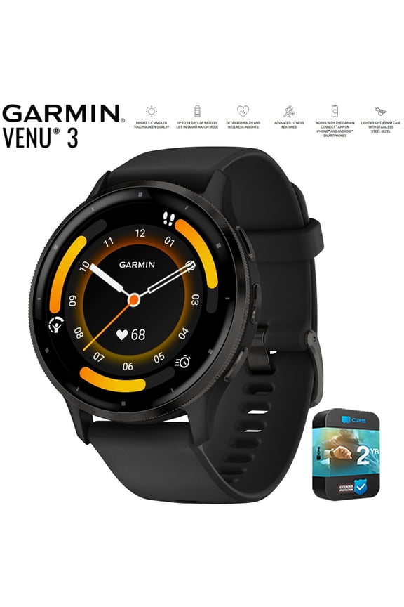 Restored Garmin Venu 3 Health and Fitness GPS Smartwatch , Android, iOS 010-N2784-01/1B ,Alarm, Altimeter, Calendar Function, Compass, Customizable, GPS, Music, Oximeter, Stopwatch, Timer , Slate Bezel / Black Band 45mm, 336 Hour Battery Life, 3 Gram