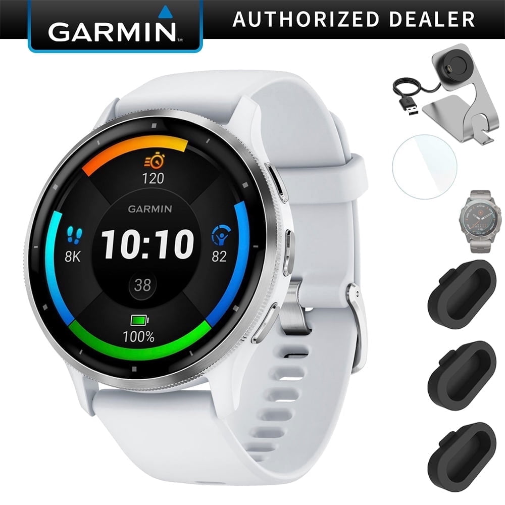 Garmin Venu 3 Health Fitness GPS Smartwatch Silver Steel Bezel w/Whitestone Case (45mm) Bundle with Charging Dock for Venu 3 + Deco Essentials Silicone Dust Cover - 3 Pack + 1.4 Inch Screen Protector