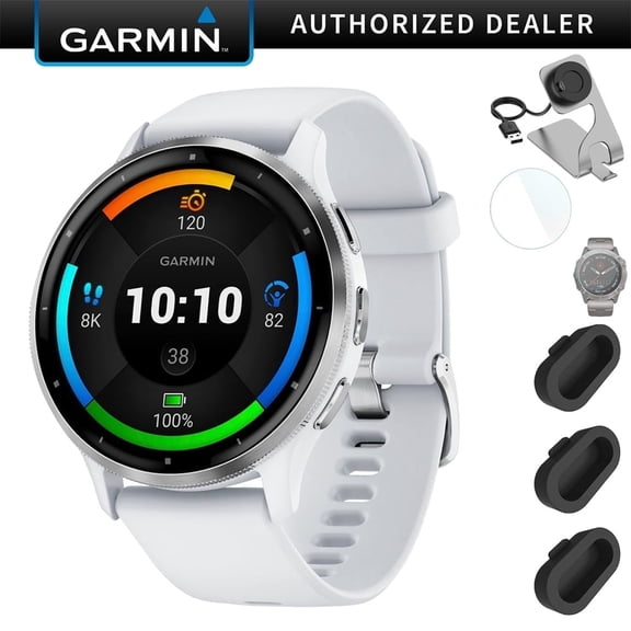 Garmin Venu 3 Health Fitness GPS Smartwatch Silver Steel Bezel w/Whitestone Case (45mm) Bundle with Charging Dock for Venu 3 + Deco Essentials Silicone Dust Cover - 3 Pack + 1.4 Inch Screen Protector