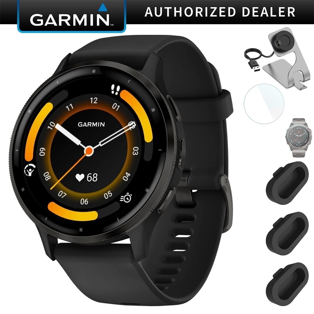 Garmin Venu 3 Health and Fitness GPS Smartwatch Steel Bezel w/ Black Case (45mm) Bundle with Charging Dock for Garmin Venu 3 + Deco Essentials Silicone Dust Cover - 3 Pack + 1.4 Inch Screen Protector