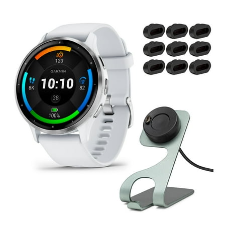 Garmin Venu 3 Smartwatch (Silver/Whitestone) with Charging Stand and Port Plugs (3 Items)