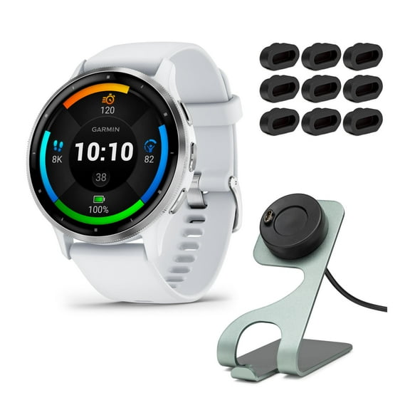 Garmin Venu 3 Smartwatch (Silver/Whitestone) with Charging Stand and Port Plugs (3 Items)