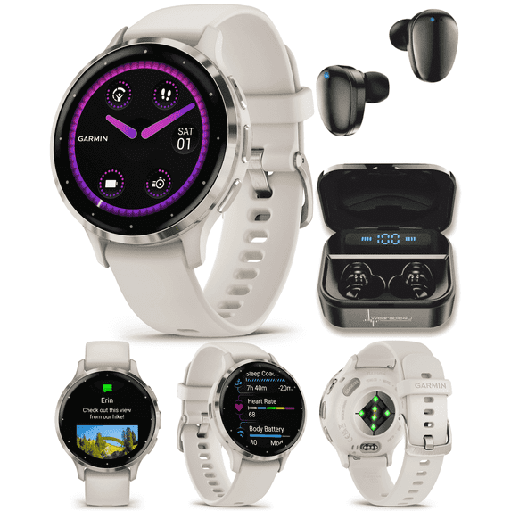 Garmin Venu 3S GPS Smart Watch, AMOLED Display 41 mm, 10 Days Battery, Ivory | Wearable4U Blck EarBuds Bundle