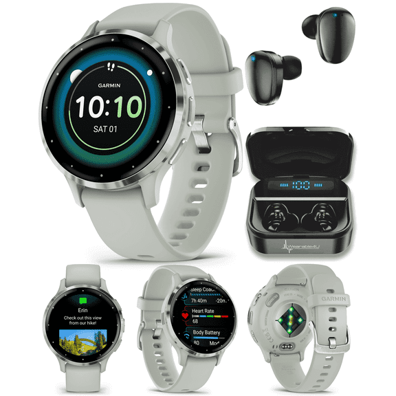 Garmin Venu 3S GPS Smartwatch, AMOLED Display 41 mm Watch, Advanced Health and Fitness Features, Up to 10 Days of Battery, Wheelchair Mode, Sleep Coach, Sage Gray with Wearable4U Black EarBuds Bundle