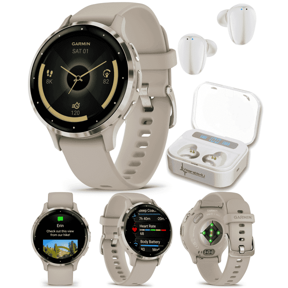 Garmin Venu 3S GPS Smartwatch AMOLED Display 41mm Watch, Advanced Health and Fitness Features, Up to 10 Days of Battery, Wheelchair Mode, Sleep Coach, French Gray with Wearable4U White EarBuds Bundle
