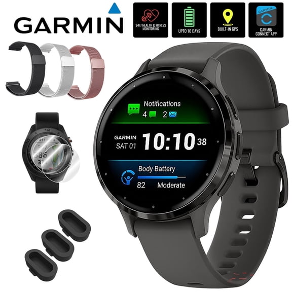 Garmin Venu 3S Health Fitness GPS Smartwatch Steel Bezel with Pebble Gray Case (41mm) 010-02785-00 Bundle with Deco Essentials 3x 18mm Metal Bands, 3x Silicone Dust Cover and 2x Screen Protector
