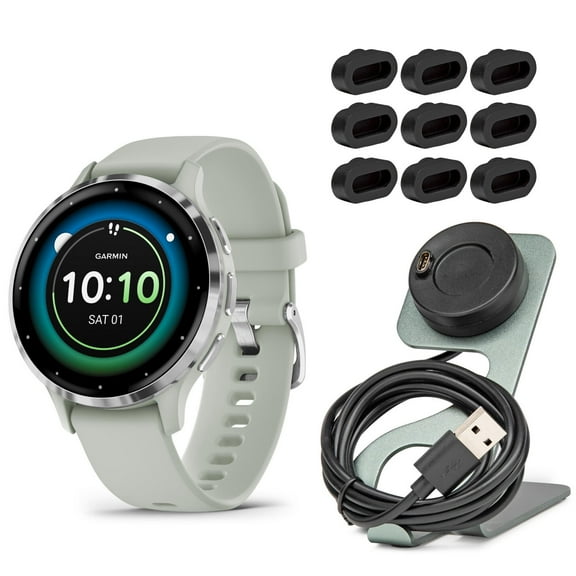 Garmin Venu 3S Smartwatch (Silver and Sage Gray) Bundle with Focus Camera Portable Charger Stand and USB Charging Cable and Focus Charger Port Protectors (9-Pack) (3 Items)