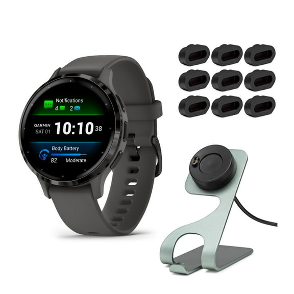 Garmin Venu 3S Smartwatch (Slate/Gray) with Charging Stand and Port Plugs