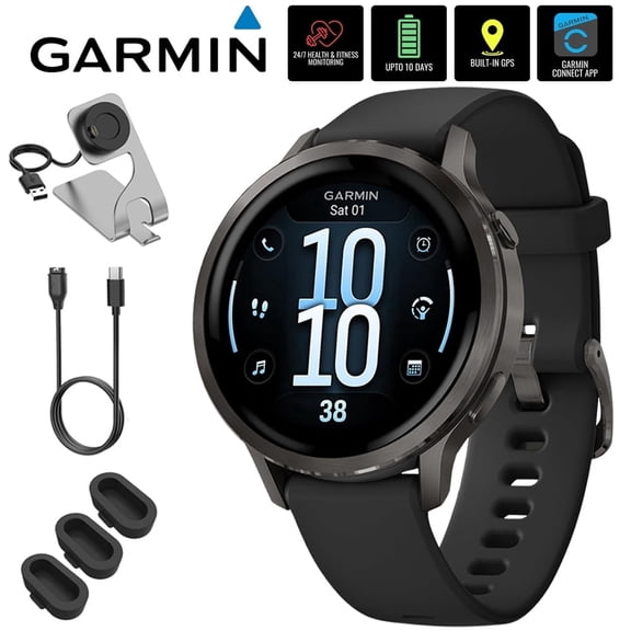 Garmin Venu 4 41 mm Health & Fitness GPS Smartwatch, Slate with Black Silicone Band 010-03013-02 Bundle with Deco Essentials Charging Dock, 3x Silicone Dust Cover and USB Type C Charging & Sync Cable