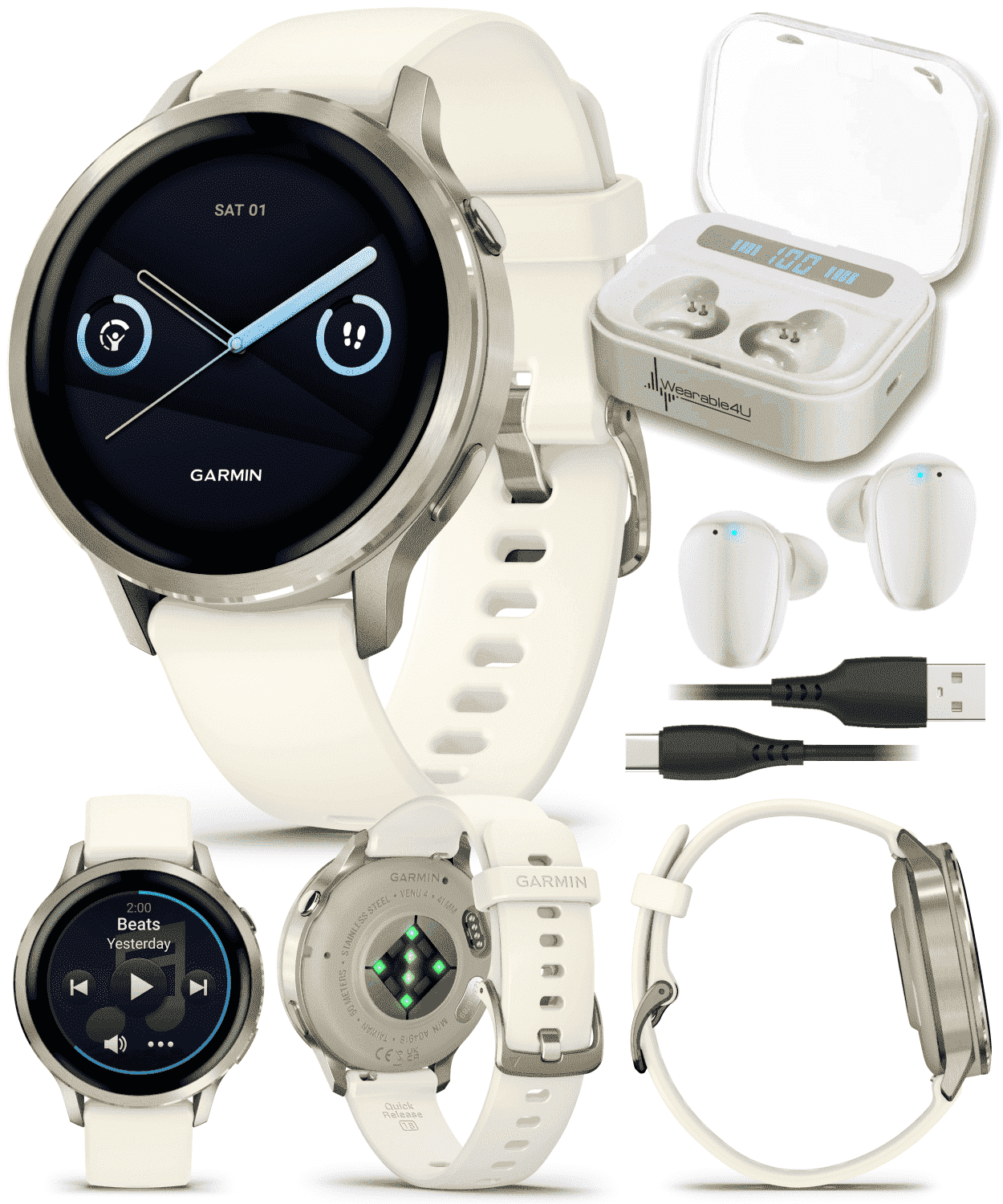 Garmin Venu 4 - 41mm AMOLED Advanced Health & Fitness GPS Smartwatch, Bright & Colorful Display, Flashlight, Up to 10 Days, Lunar Gold w/Bone Silicone Band w/Wearable4U White EarBuds Bundle