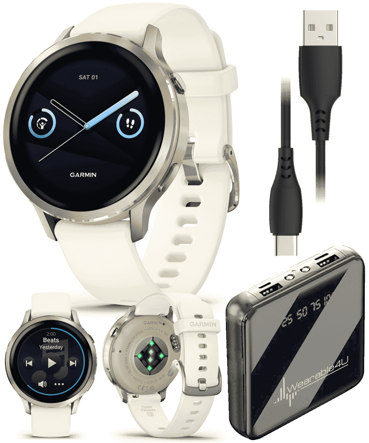 Garmin Venu 4 - 41mm AMOLED Advanced Health & Fitness GPS Smartwatch, Bright & Colorful Display, Flashlight, Up to 10 Days, Lunar Gold w/Bone Silicone Band w/Wearable4U PowerBank Bundle
