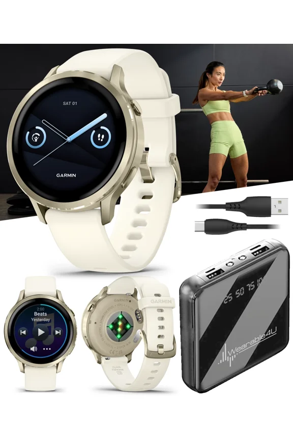 Garmin Venu 4 - 41mm AMOLED Advanced Health & Fitness GPS Smartwatch, Bright & Colorful Display, Flashlight, Up to 10 Days, Lunar Gold w/Bone Silicone Band w/Wearable4U PowerBank Bundle