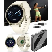 Garmin Venu 4 - 41mm AMOLED Advanced Health & Fitness GPS Smartwatch, Bright & Colorful Display, Flashlight, Up to 10 Days, Lunar Gold w/Bone Silicone Band w/Wearable4U PowerBank Bundle