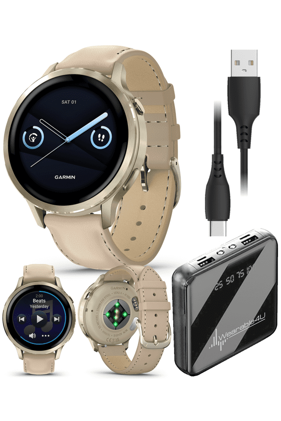 Garmin Venu 4 - 41mm AMOLED Advanced Health & Fitness GPS Smartwatch, Colorful Display, Flashlight, Lunar Gold w/Bone Silicone & Light Sand Leather Bands w/Wearable4U PowerBank Bundle