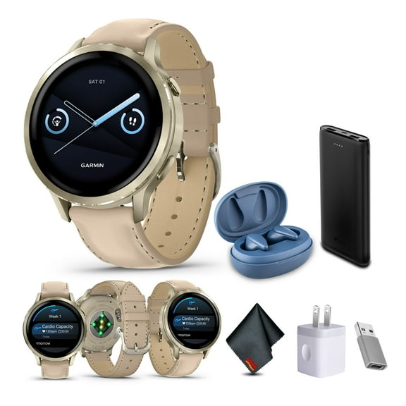 Garmin Venu 4, 41mm, Advanced Fitness and Multisport GPS Smartwatch, 1.2" AMOLED Display, Built-in Flashlight, 10 Days of Battery Life, Lunar Gold with Light Sand Leather Band