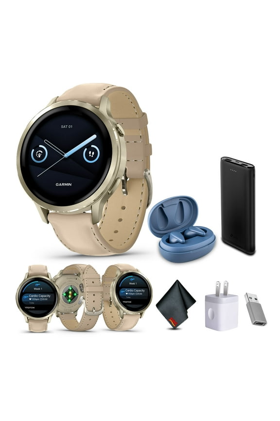 Venu 4, 41mm, Advanced Fitness and Multisport GPS Smartwatch, 1.2" AMOLED Display, Built-in Flashlight, 10 Days of Battery Life, Lunar Gold with Light Sand Leather Band