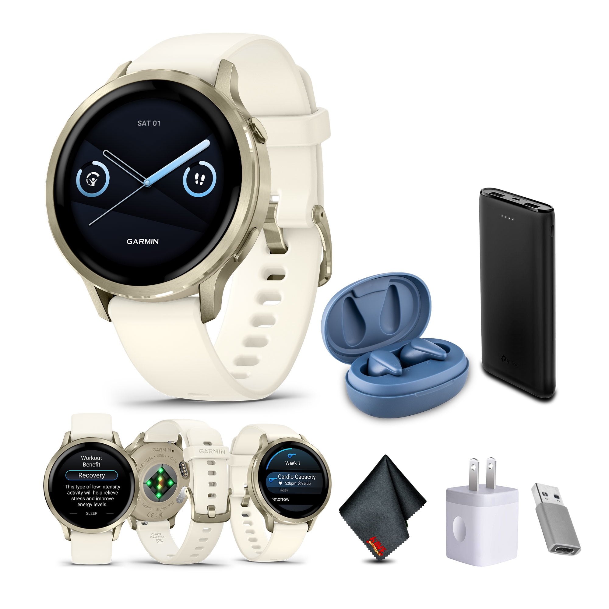Garmin Venu 4 41mm GPS Fitness Smartwatch, Lunar Gold with Bone Band Bundle
