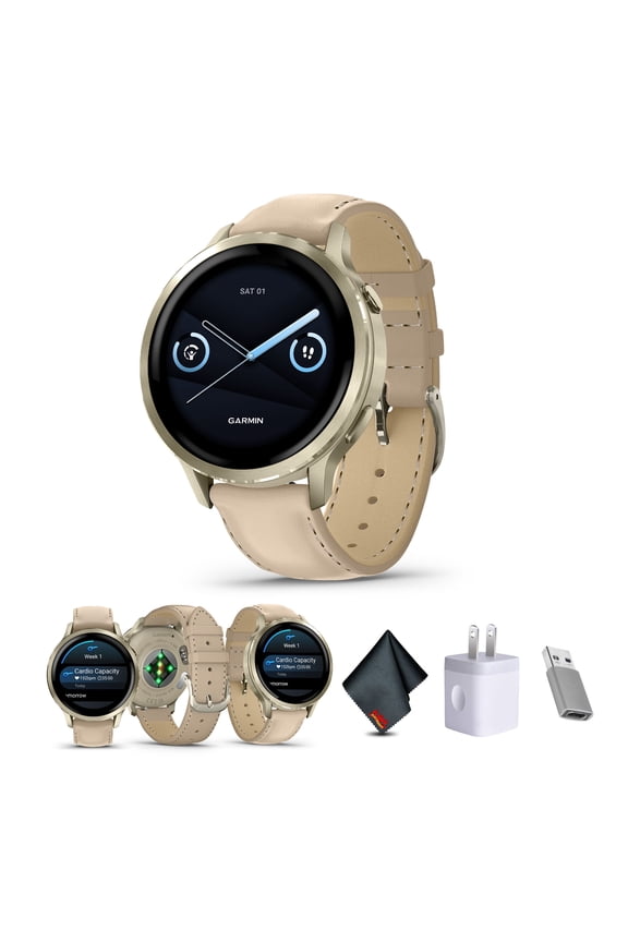Venu 4 41mm GPS Fitness Smartwatch, Lunar Gold with Light Sand Leather Band Bundle