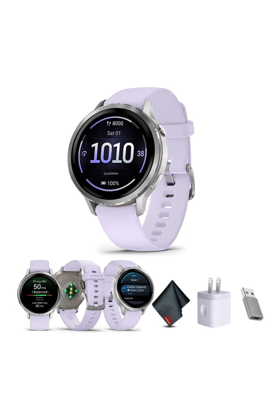 Venu 4, 41mm, Advanced Fitness Tracker GPS Smartwatch, 1.2" AMOLED Display, Built-in Flashlight, 10 Days of Battery Life, Silver with Periwinkle Silicone Band (Watch Bundle)