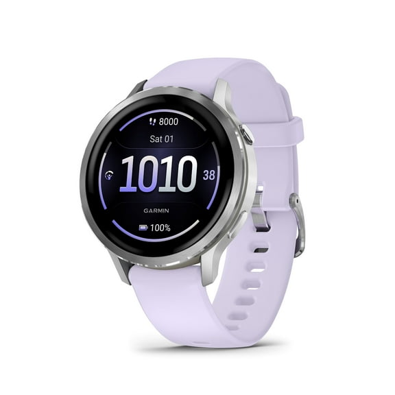 Garmin Venu 4®, 41mm, Advanced Health and Fitness GPS Smartwatch, Bright and Colorful Display, Built-In Flashlight, 10 Days of Battery Life, Silver with Periwinkle Silicone Band